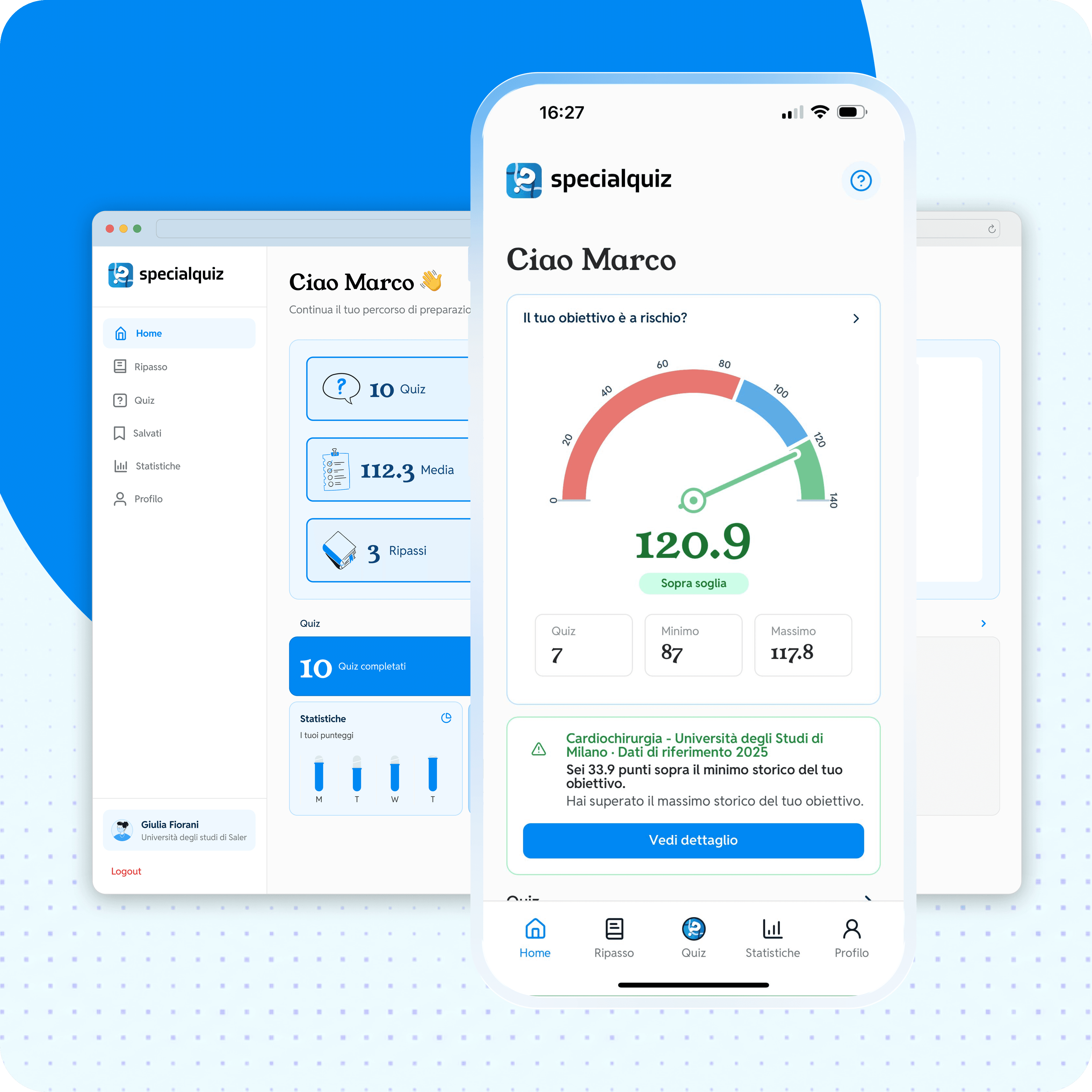 Interfaccia SpecialQuiz su dashboard desktop e app mobile