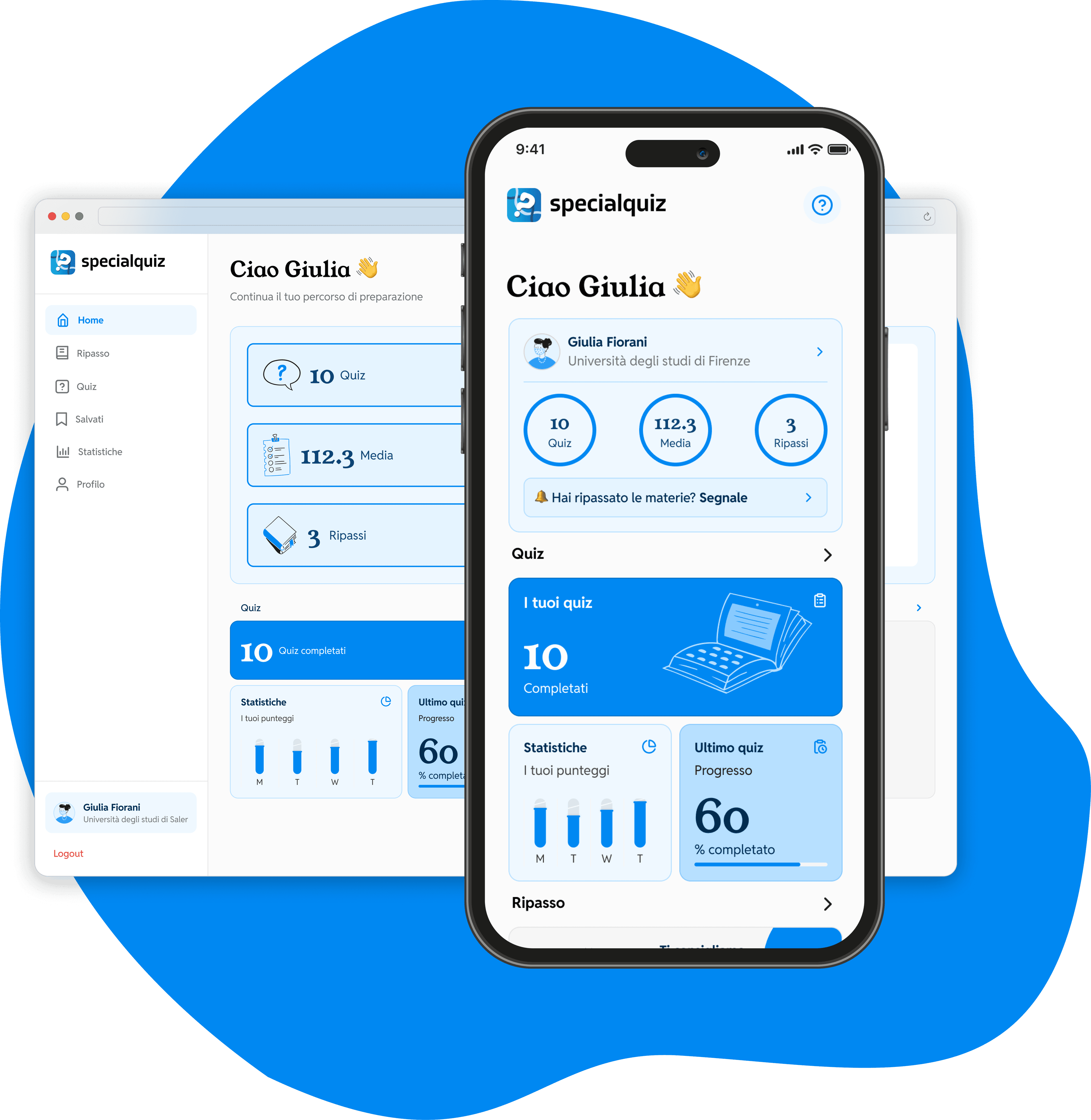 Interfaccia SpecialQuiz su dashboard desktop e app mobile