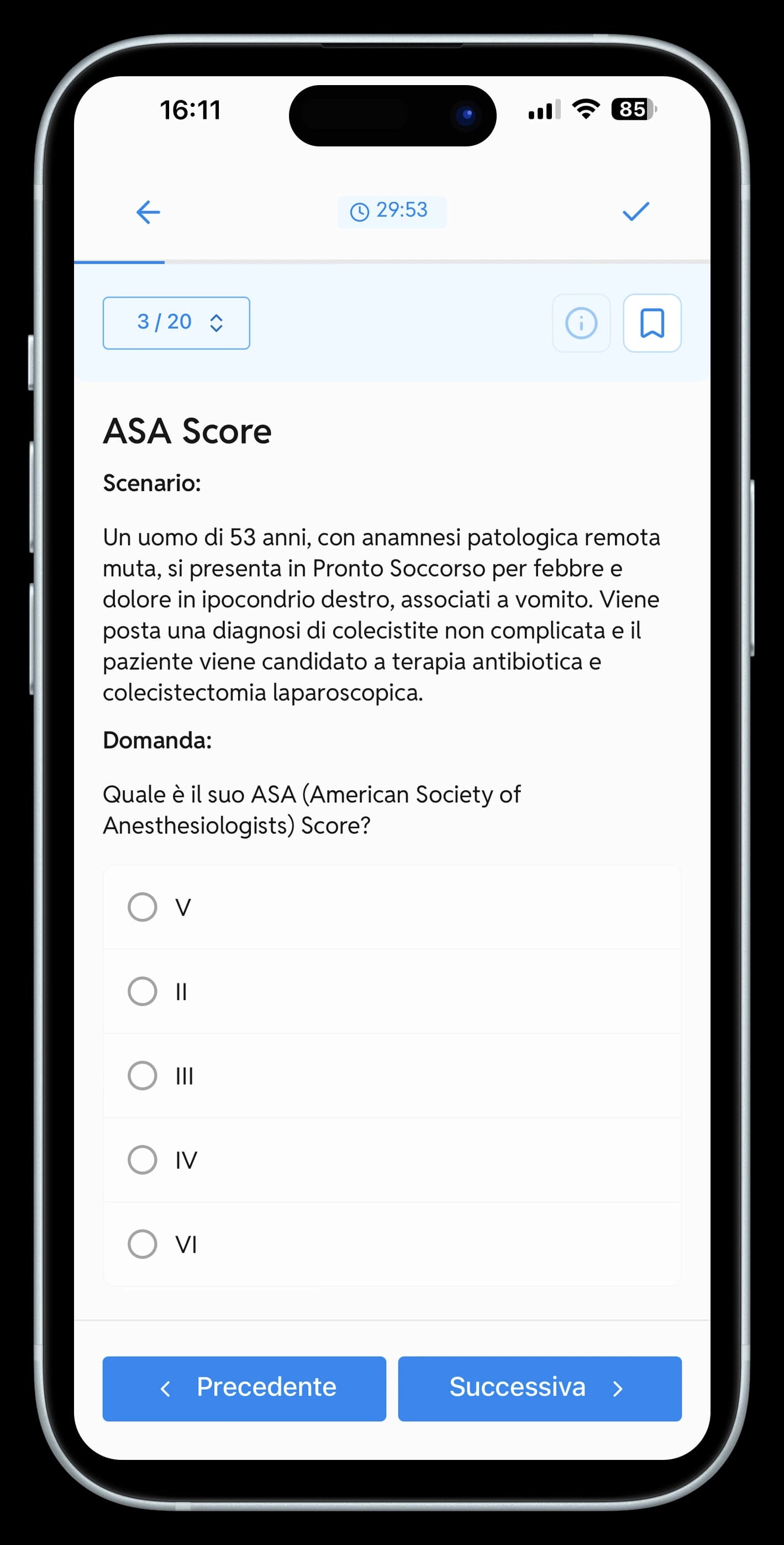 Schermata SpecialQuiz con domanda quiz e risposte a scelta multipla